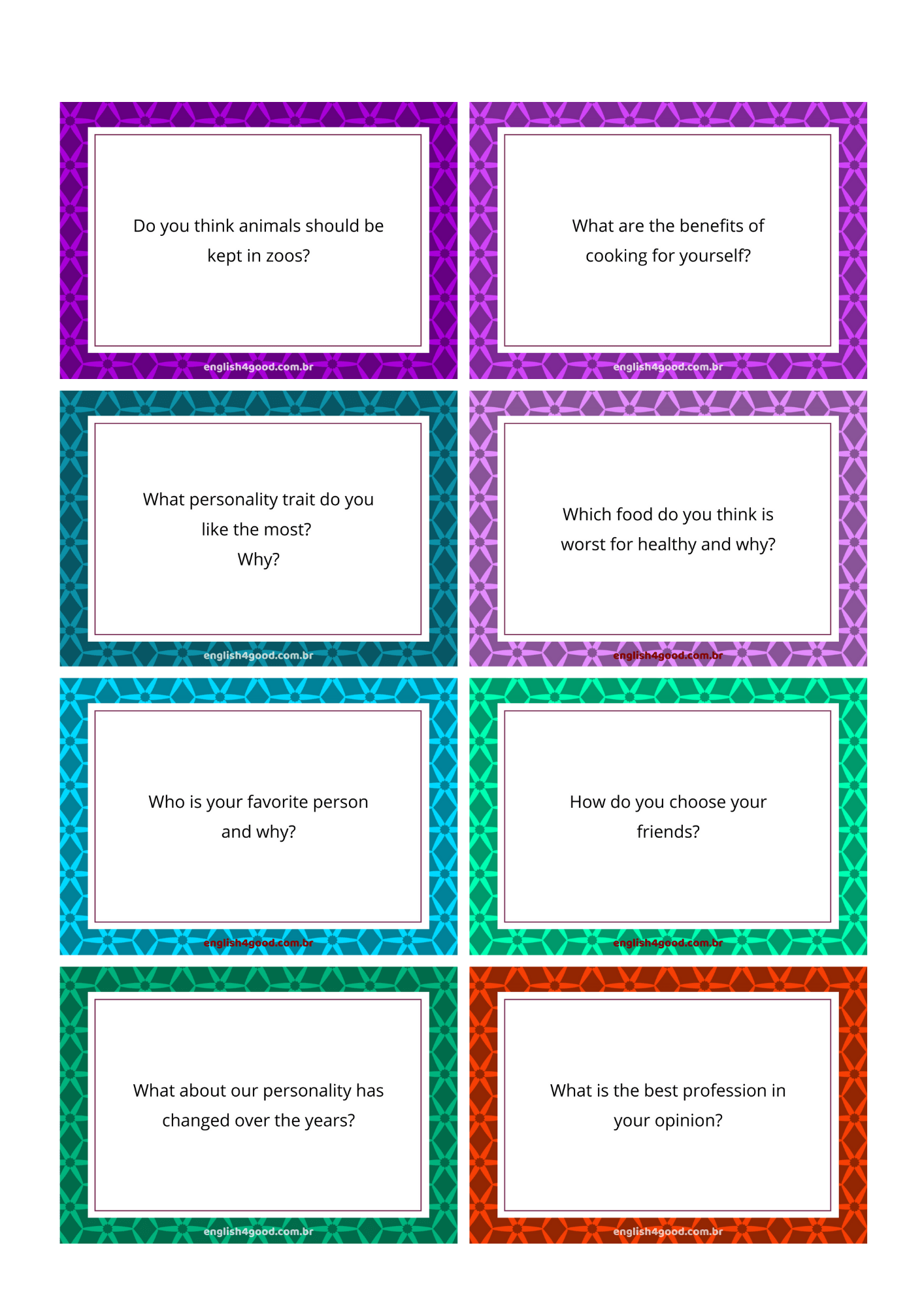 Free Conversation Flashcards - English4Good - Let's talk!