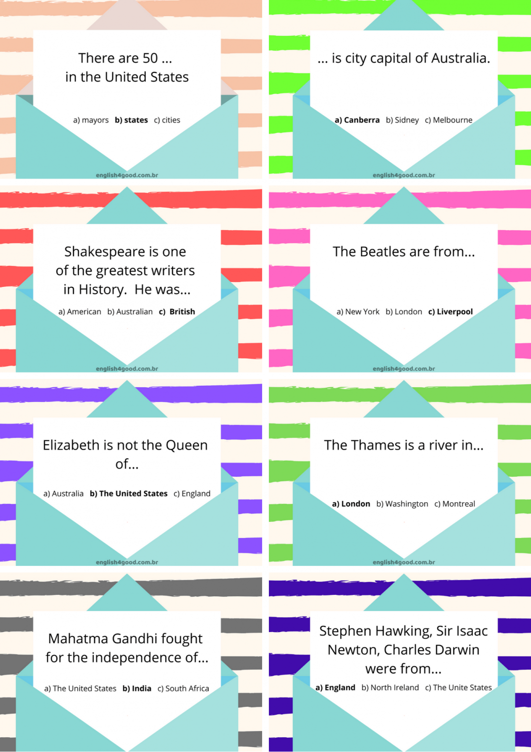 Culture Quiz Flashcards - English4Good - Learn & Teach Having Fun